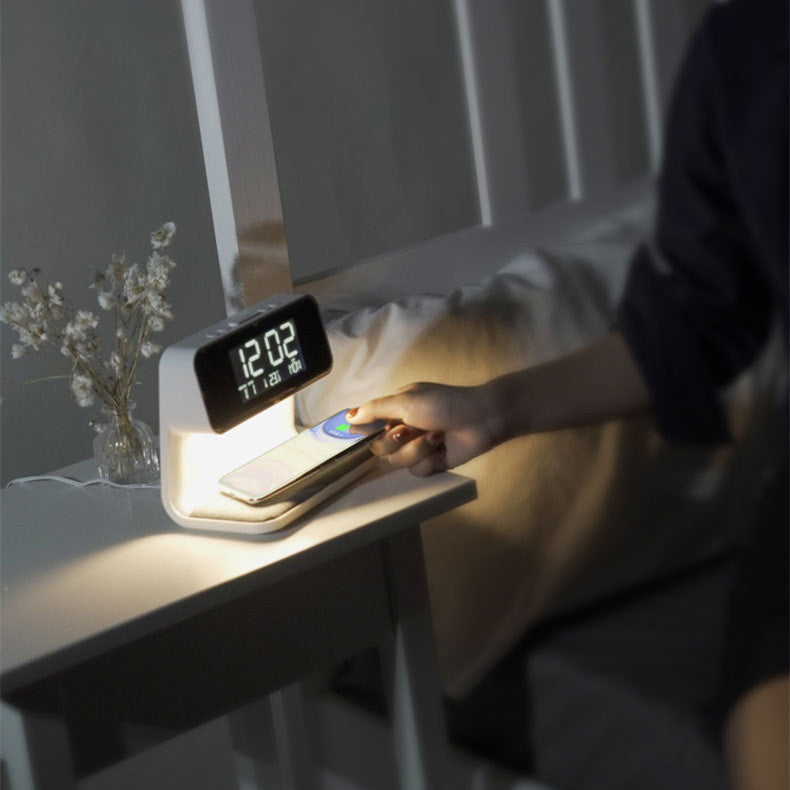 3-in-1 Bedside Lamp with Wireless Charging, LCD Alarm Clock and Phone Charger