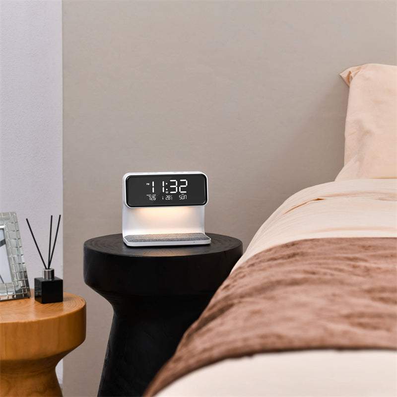 3-in-1 Bedside Lamp with Wireless Charging, LCD Alarm Clock and Phone Charger