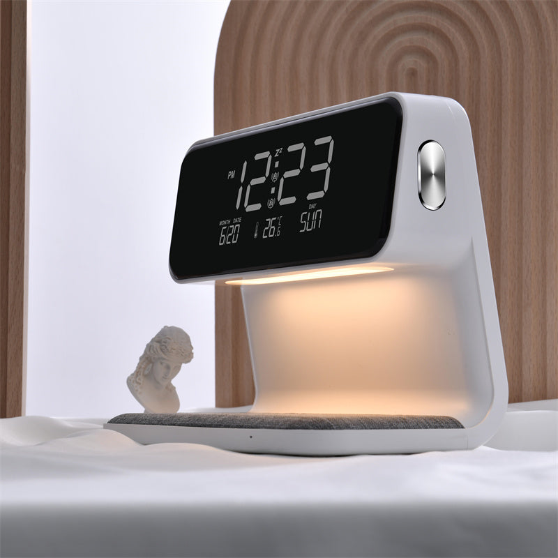 3-in-1 Bedside Lamp with Wireless Charging, LCD Alarm Clock and Phone Charger