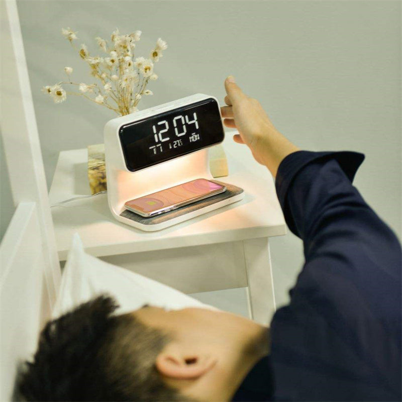 3-in-1 Bedside Lamp with Wireless Charging, LCD Alarm Clock and Phone Charger