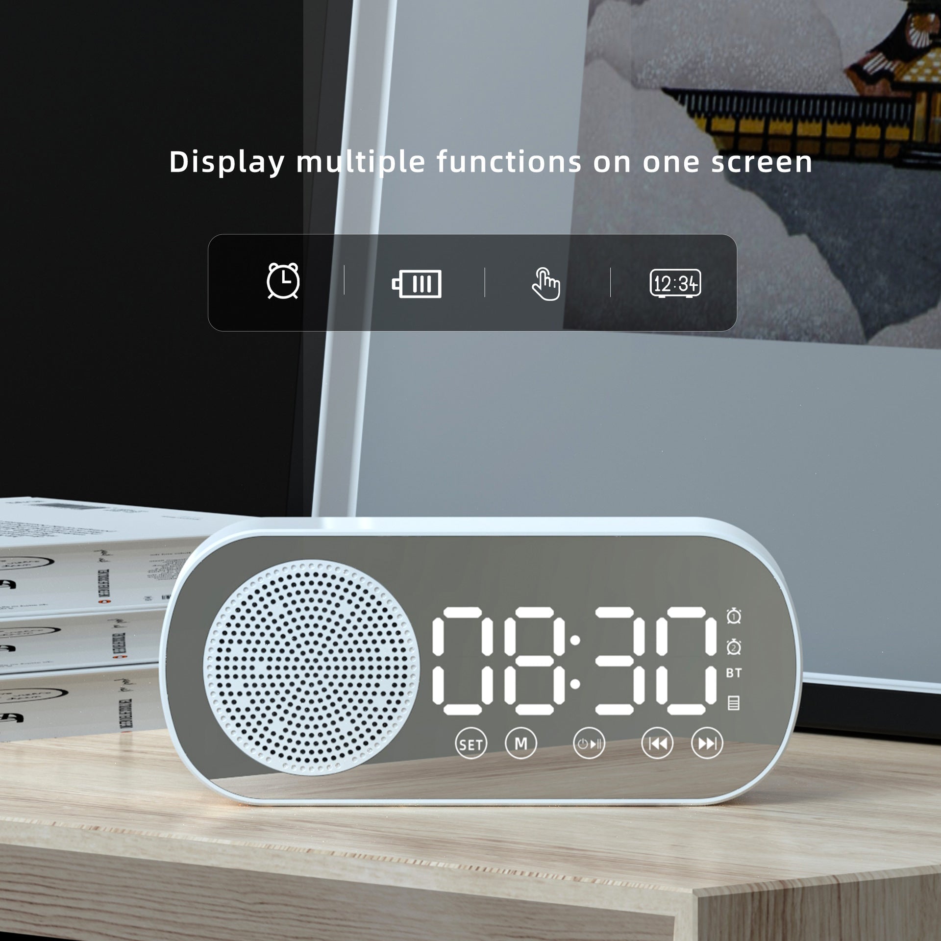 BT Music Alarm Clock with Mirror, FM Radio, and LED Display