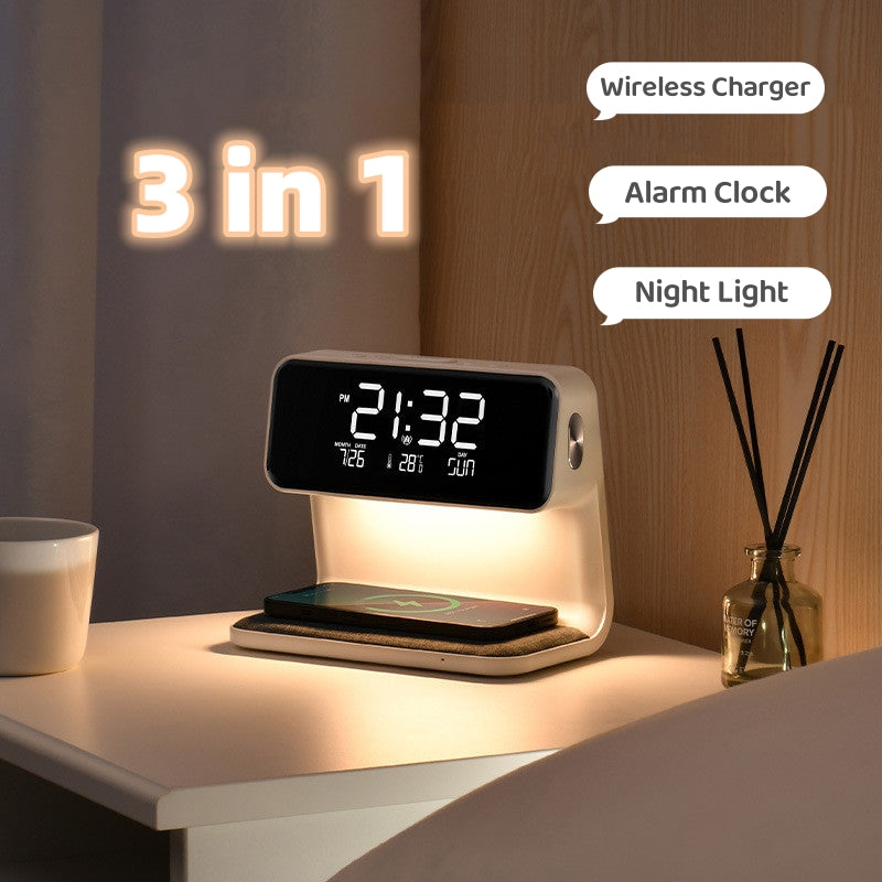 3-in-1 Bedside Lamp with Wireless Charging, LCD Alarm Clock and Phone Charger