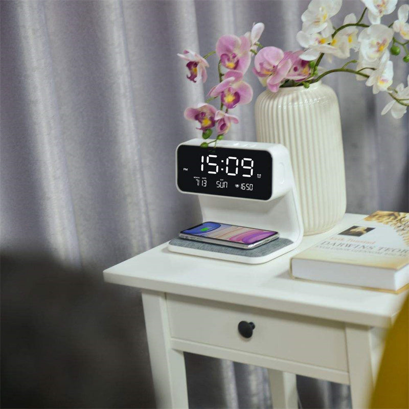 3-in-1 Bedside Lamp with Wireless Charging, LCD Alarm Clock and Phone Charger