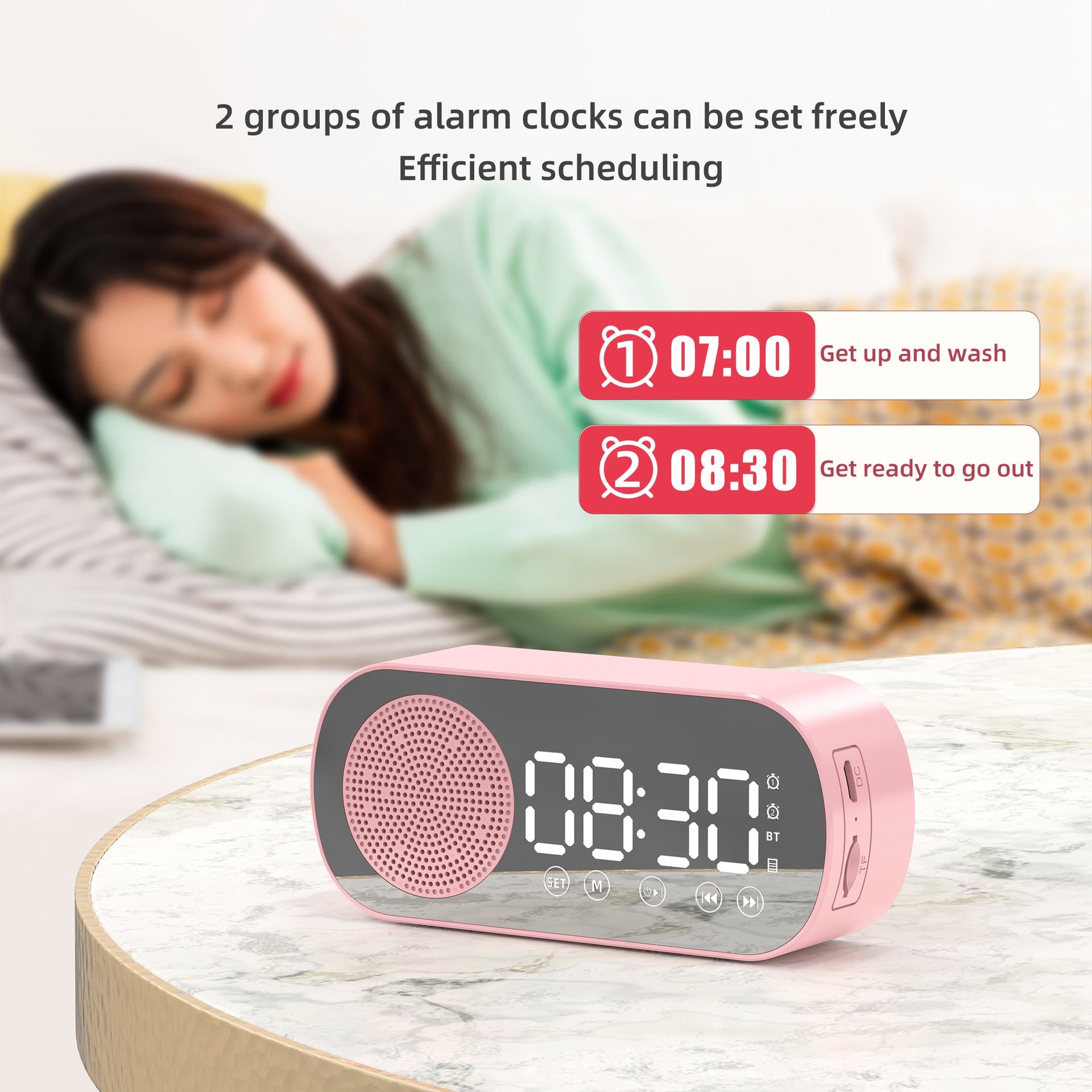 BT Music Alarm Clock with Mirror, FM Radio, and LED Display