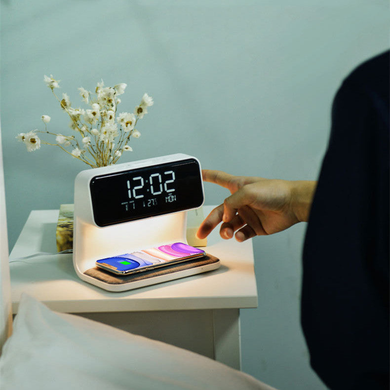 3-in-1 Bedside Lamp with Wireless Charging, LCD Alarm Clock and Phone Charger